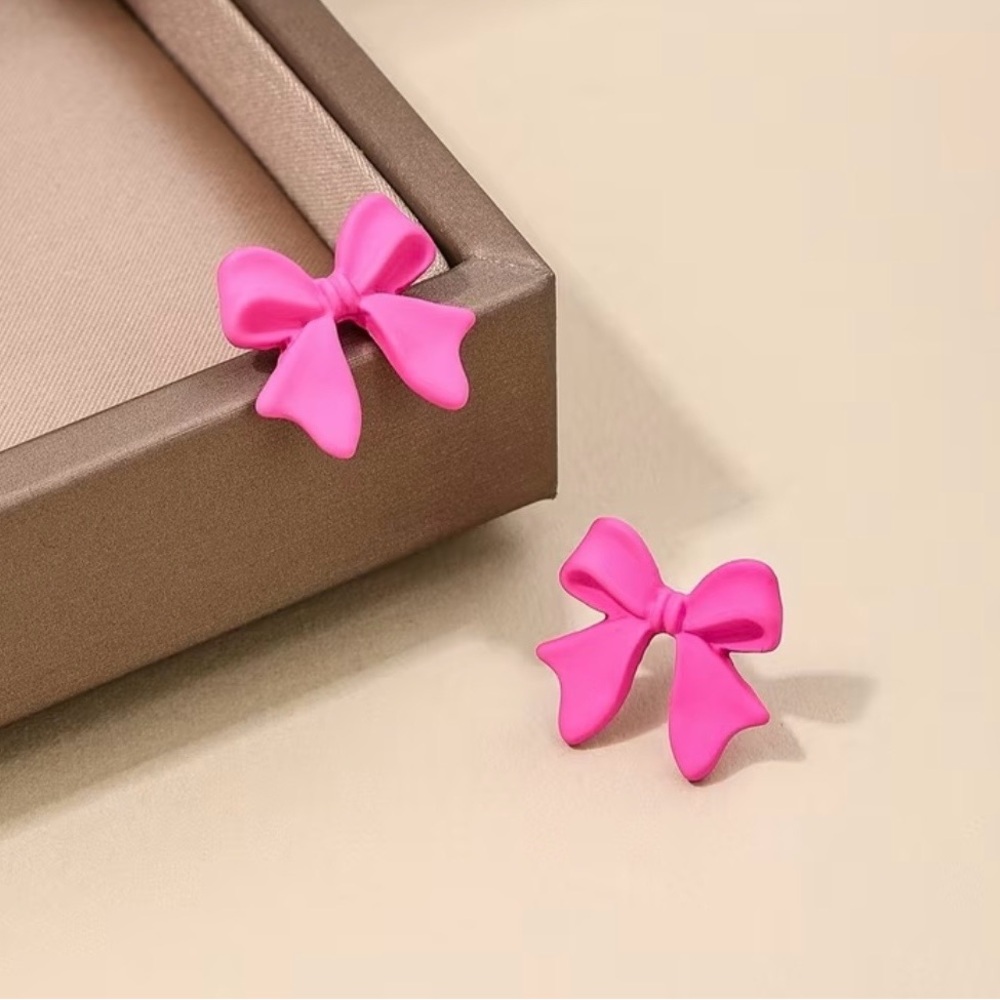 Fluorescent Pink Bow 🎀 Earrings - Picture 3 of 4